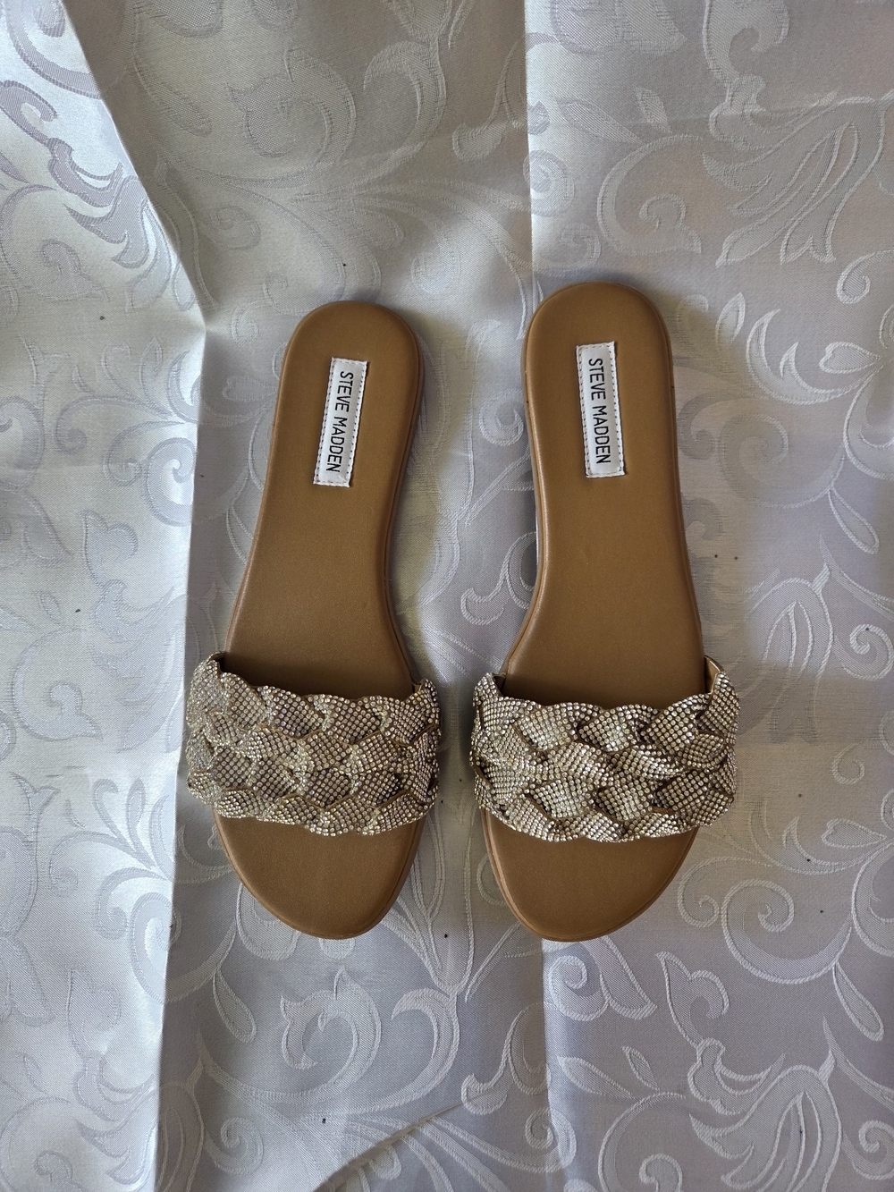 Steve Madden Women's Tan Braided Slide Sandals - With Rhinestone Beaded Strap